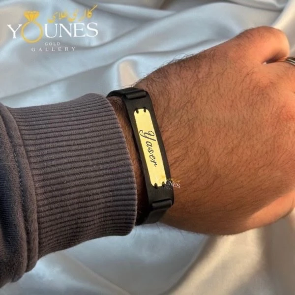 دستبند چرم مردانه طلا حکاکی اسم Yaser یاسر