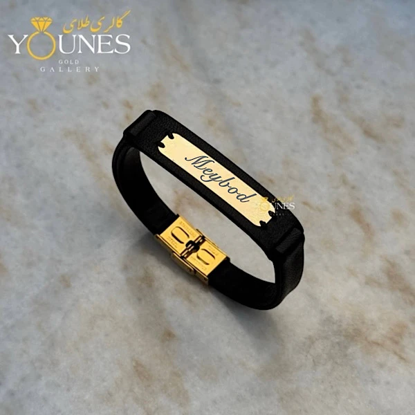 تصویر دوم دستبند چرم مردانه طلا حکاکی اسم Meybod میبد