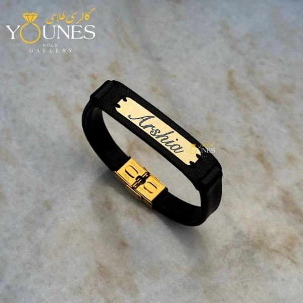 تصویر دوم دستبند چرم مردانه طلا حکاکی اسم Arshia عرشیا