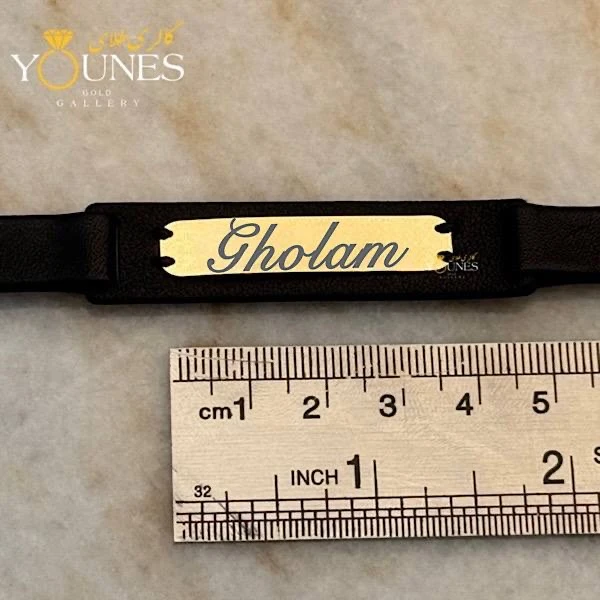دستبند چرم مردانه طلا حکاکی اسم gholam غلام