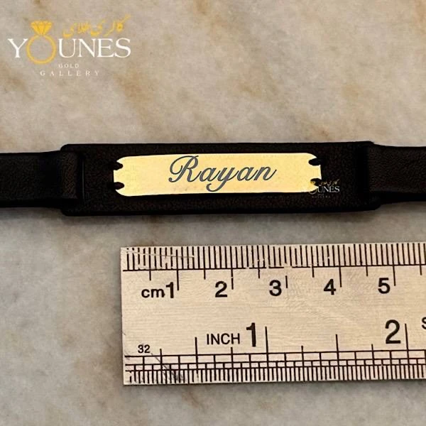 دستبند چرم مردانه طلا حکاکی اسم Rayan رایان