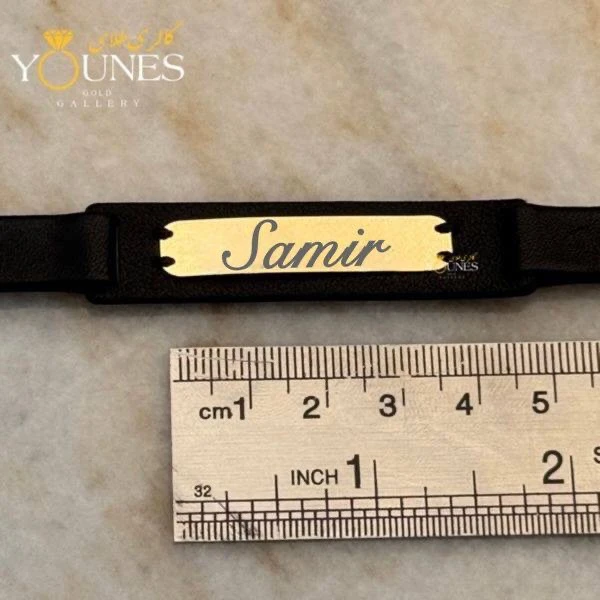 دستبند چرم مردانه طلا حکاکی اسم Samir سمیر